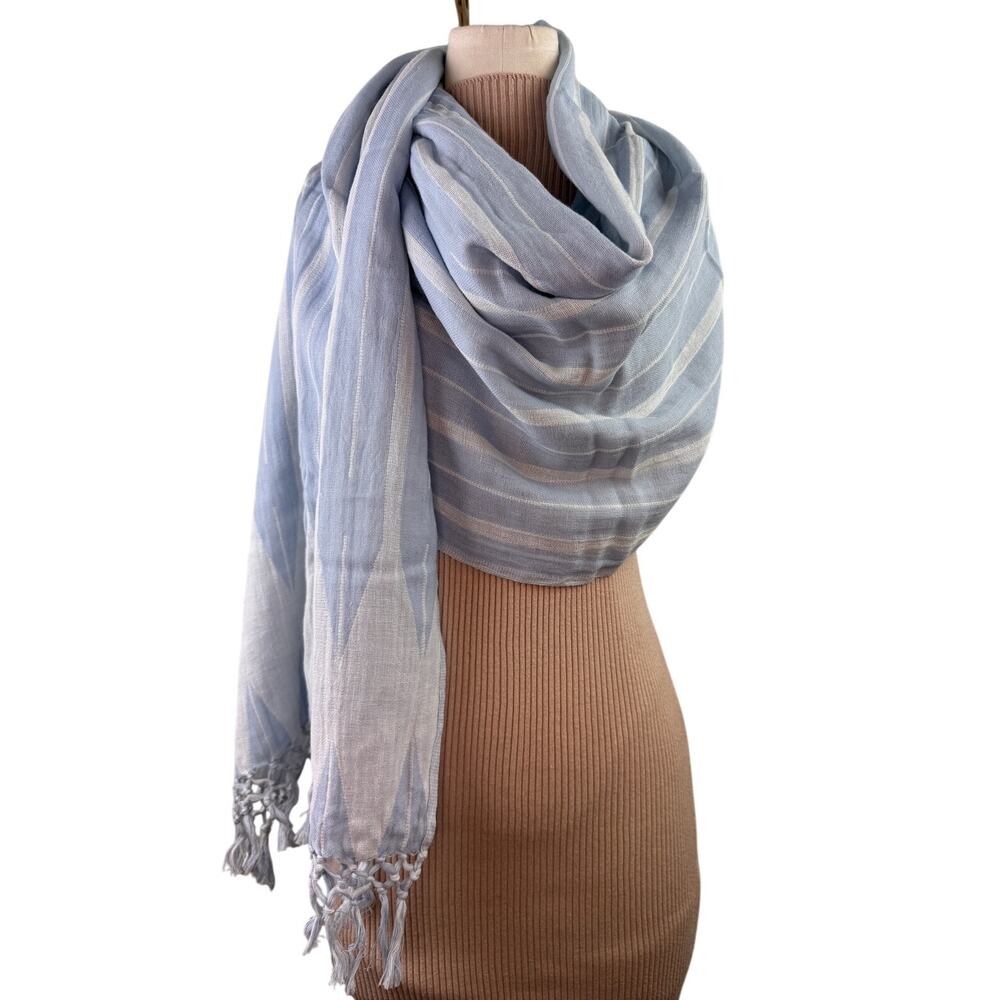 Seed Heritage Blue White Rectangle Scarf/Shawl Cotton Striped Tassel Around Neck
